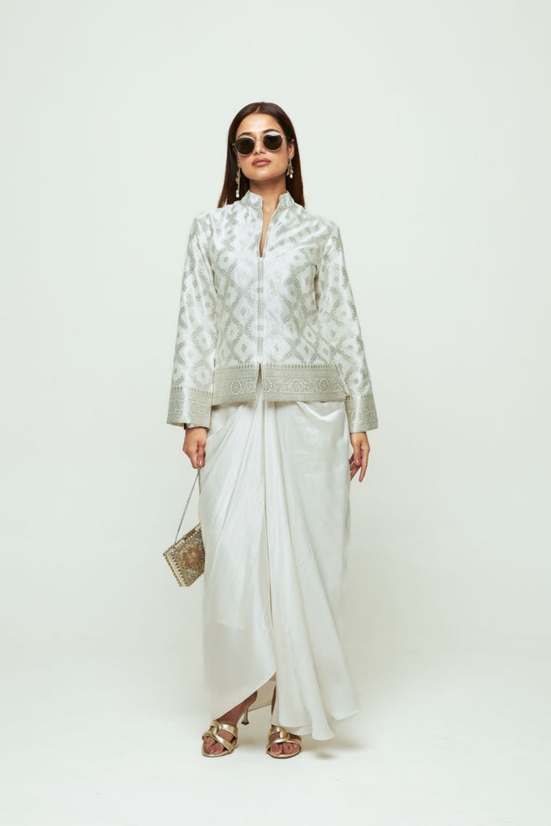 Suki-Geometric Brocade Jacket Set-Ivory silk, modal satin indo-western by SOBARIKO in ivory for women Worldwide