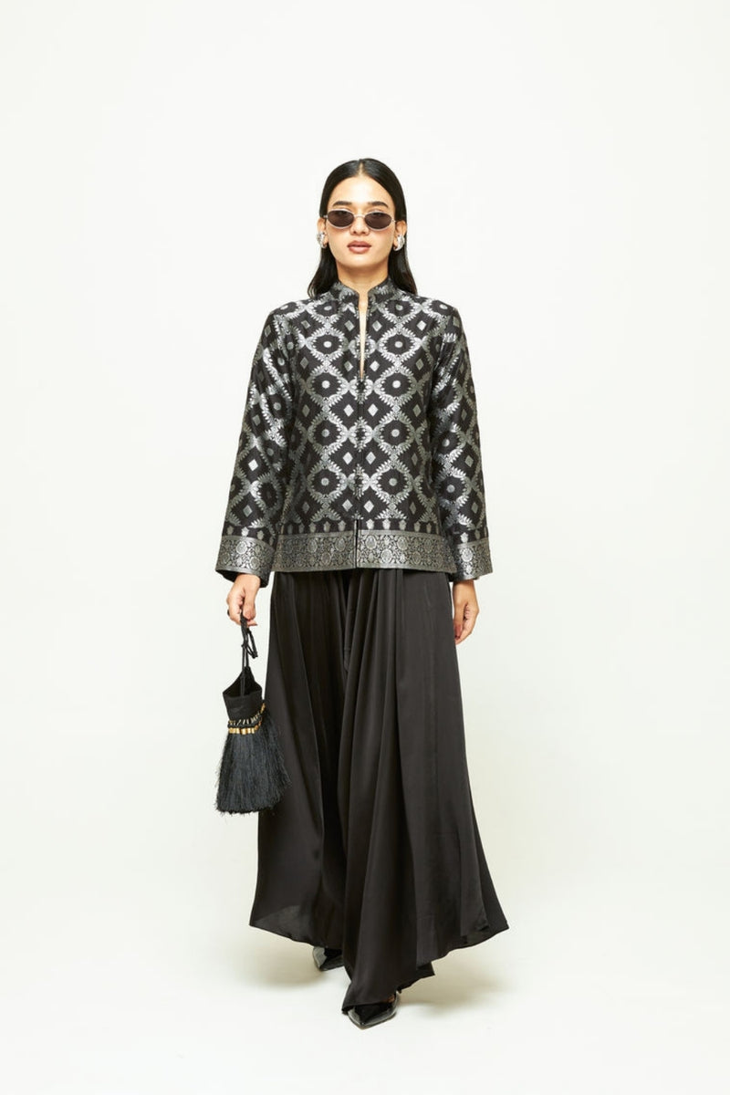 Suki-Geometric Brocade Jacket Set-Black silk, modal satin indo-western by SOBARIKO in black for women Worldwide
