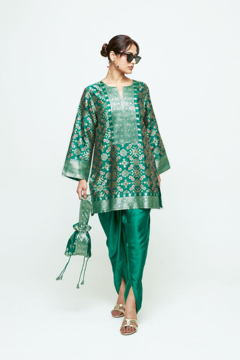 Meena-Brocade Short Kurta With Dhoti-Green silk and modal satin kurta/kurta set by SOBARIKO in green for women Worldwide