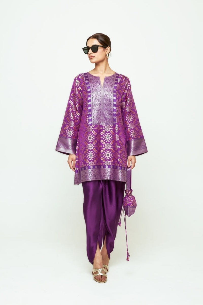 Meena-Brocade Short Kurta With Dhoti-Purple silk and modal satin kurta/kurta set by SOBARIKO in purple for women Worldwide