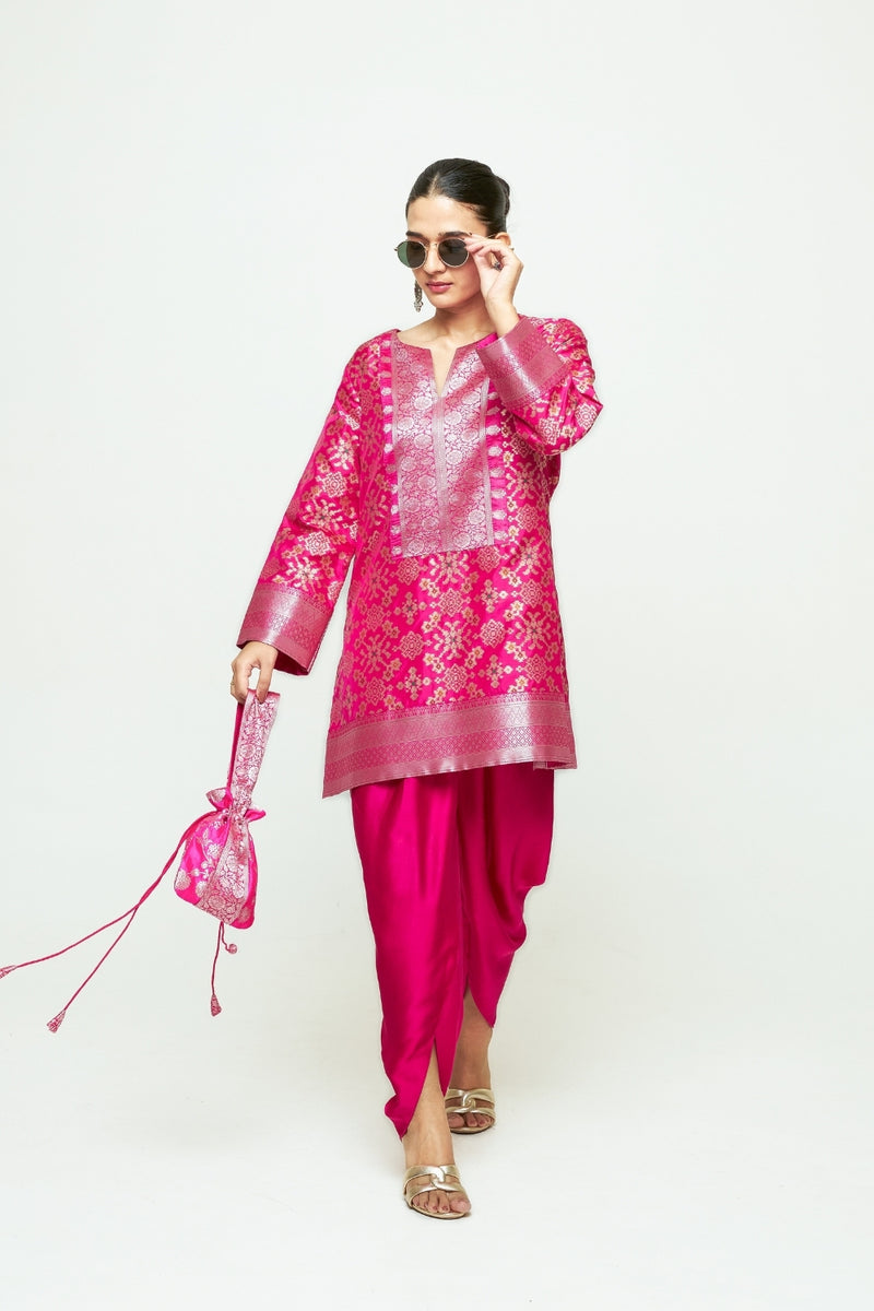 Meena-Brocade Short Kurta With Dhoti-Pink silk and modal satin kurta/kurta set by SOBARIKO in pink for women Worldwide