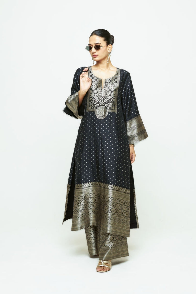 Noor-Contemporary Brocade Kurta With Pants-Black silk kurta/kurta set by SOBARIKO in black for women Worldwide