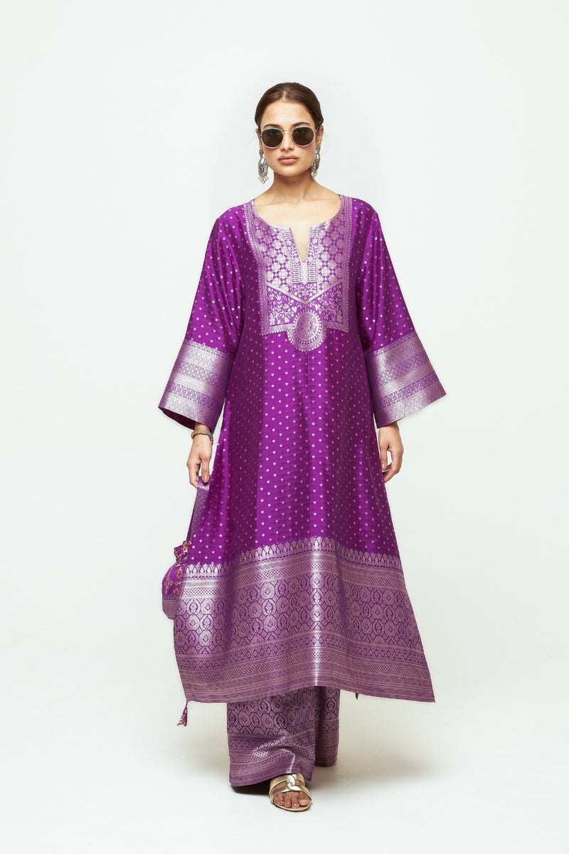Noor-Contemporary Brocade Kurta With Pants-Purple silk kurta/kurta set by SOBARIKO in purple for women Worldwide