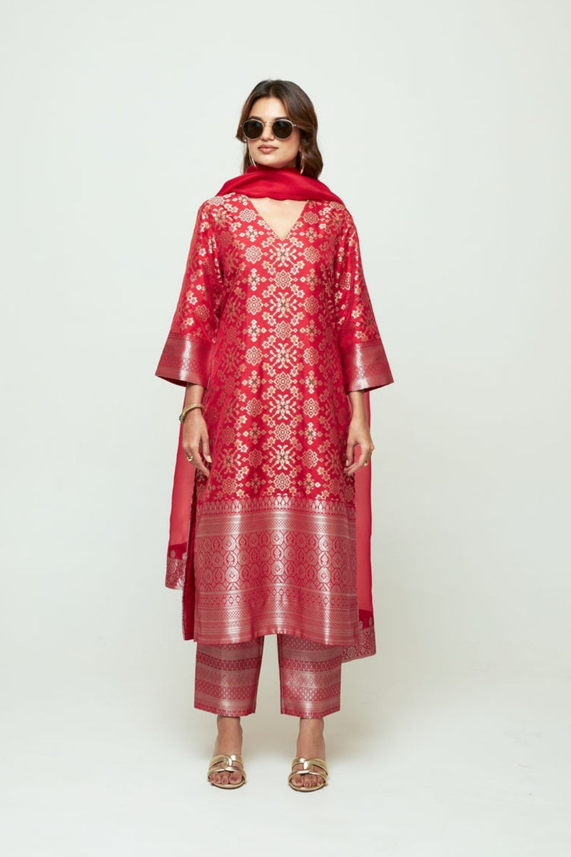 Meena-Red Brocade Long Kurta Set silk, organza kurta/kurta set by SOBARIKO in red for women Worldwide