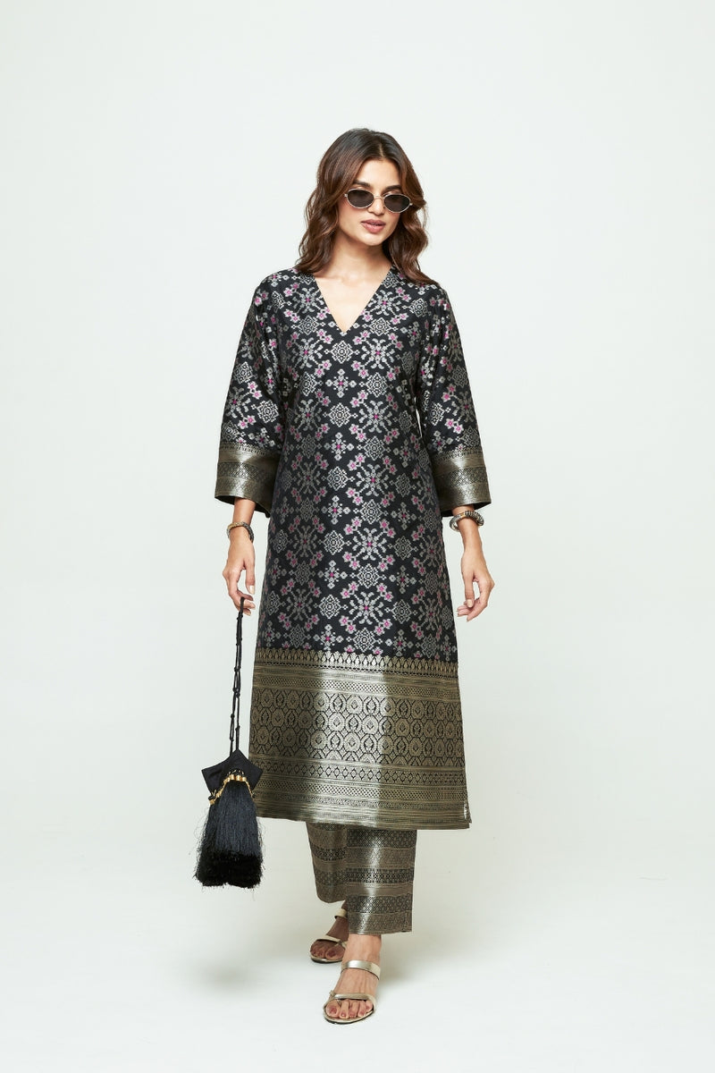 Meena-Black Brocade Long Kurta Set silk, organza kurta/kurta set by SOBARIKO in black for women Worldwide
