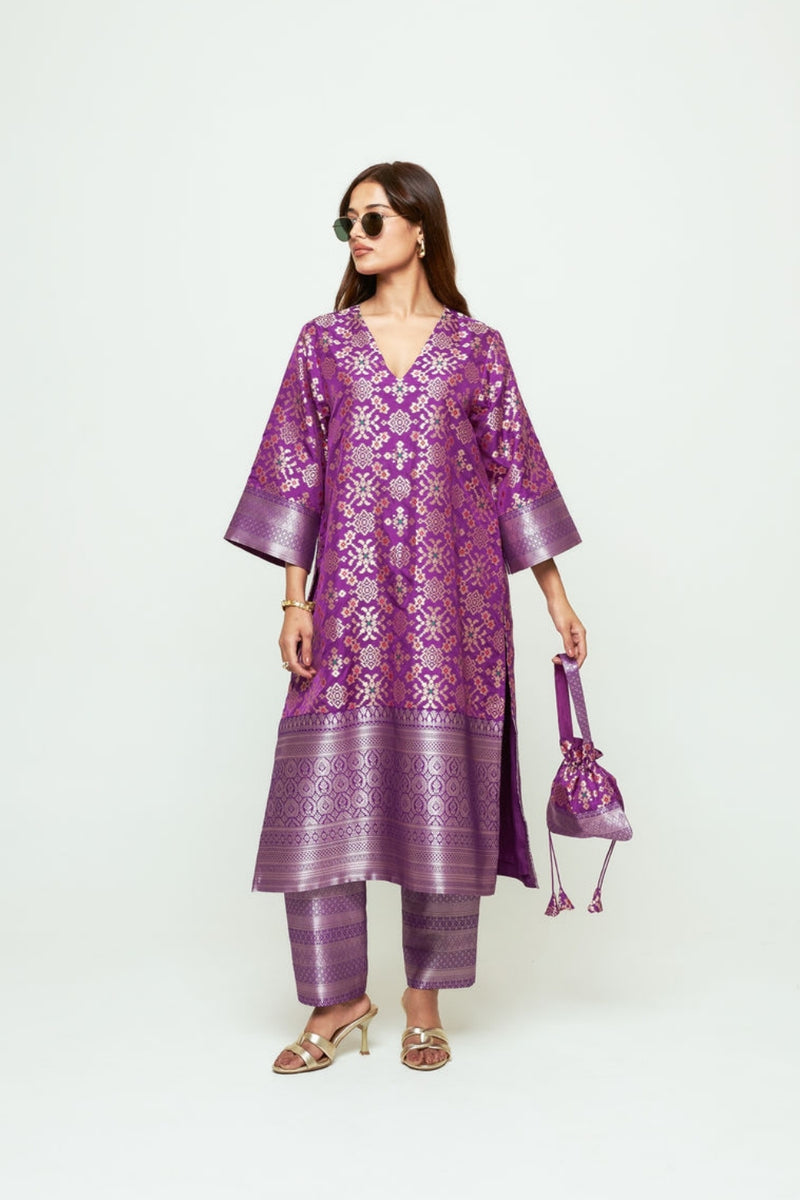 Meena-Purple Brocade Long Kurta Set silk, organza kurta/kurta set by SOBARIKO in purple for women Worldwide