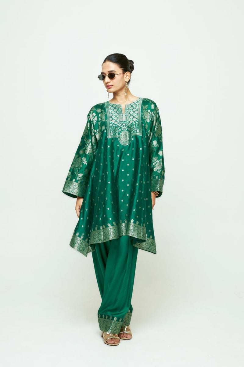 Gulnaz-Floral Brocade Choga Kurta With Farshi Salwar-Green silk, modal satin kurta/kurta set by SOBARIKO in green for women Worldwide