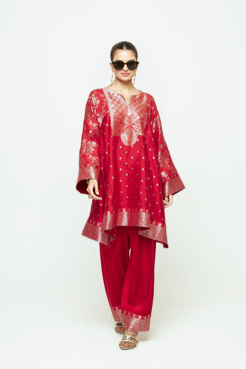 Gulnaz-Floral Brocade Choga Kurta With Farshi Salwar-Red silk, modal satin kurta/kurta set by SOBARIKO in red for women Worldwide