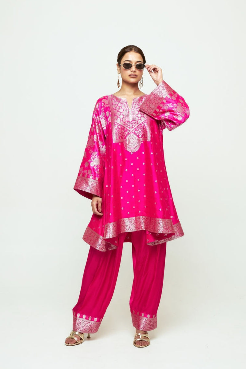 Gulnaz-Floral Brocade Choga Kurta With Farshi Salwar-Pink silk, modal satin kurta/kurta set by SOBARIKO in pink for women Worldwide