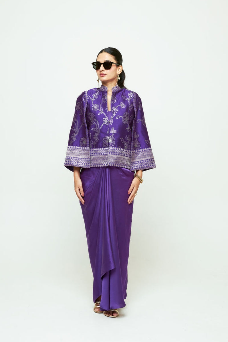 Rosa Statement Jacket Skirt Set-Purple silk, modal satin indo-western by SOBARIKO in purple for women Worldwide