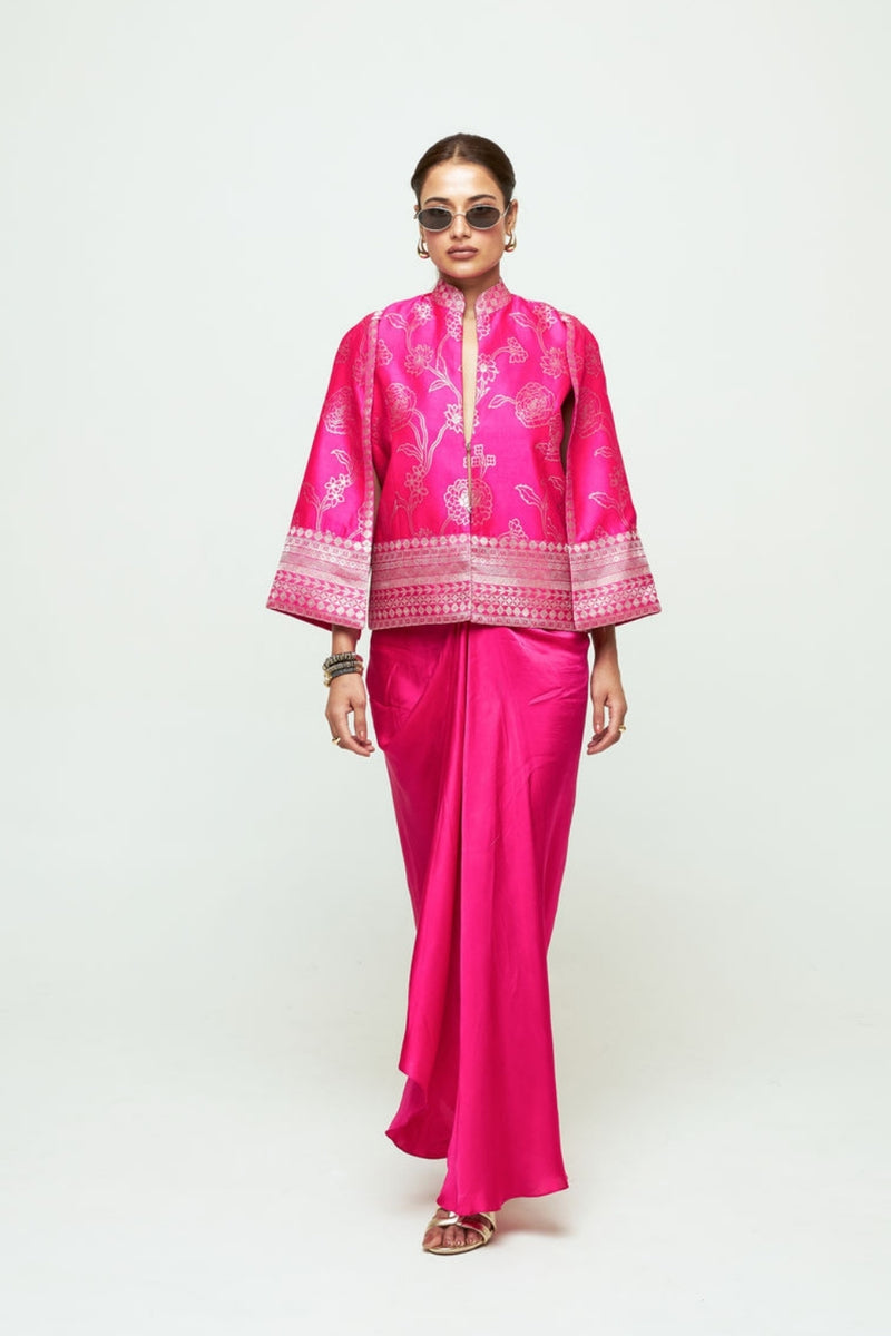 Rosa Statement Jacket Skirt Set-Pink silk, modal satin indo-western by SOBARIKO in purple for women Worldwide