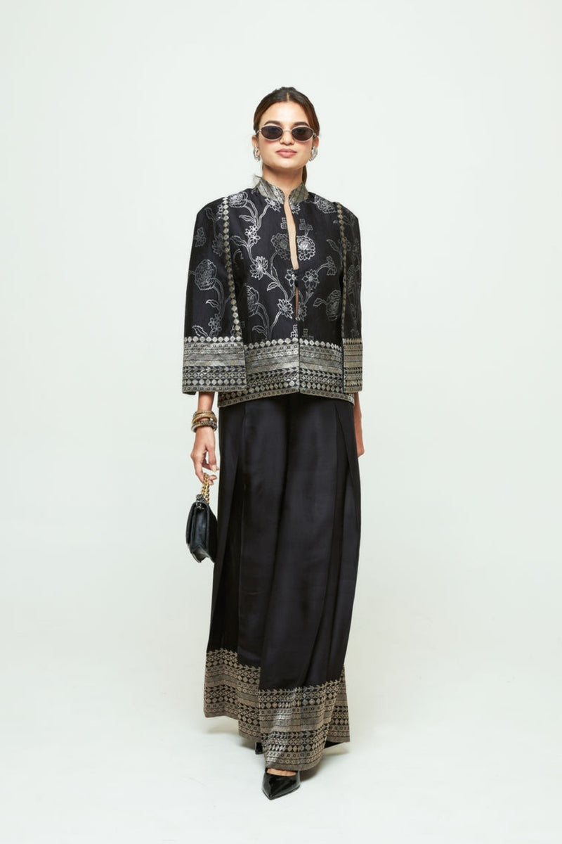 Rosa Statement Jacket Pant Set-Black silk, modal satin indo-western by SOBARIKO in purple for women Worldwide