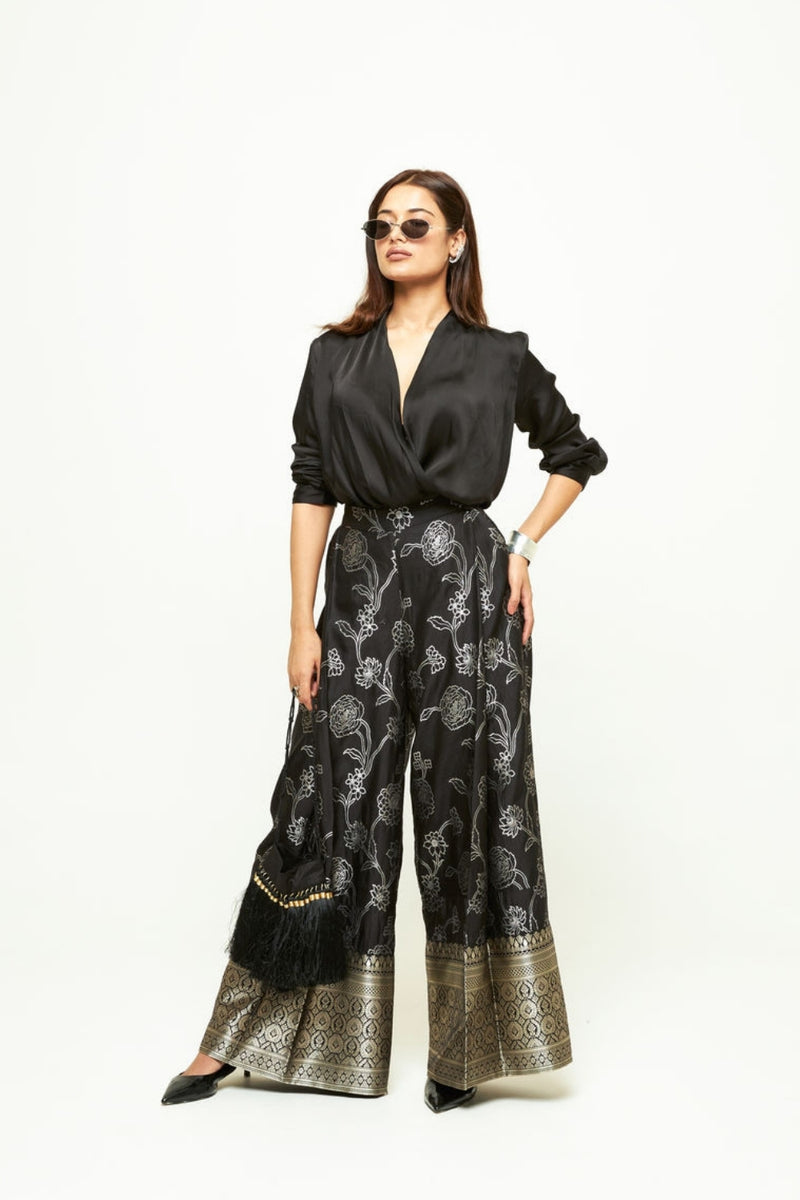 Rosa Brocade Pant Set-Black silk and modal satin indo-western by SOBARIKO in black for women Worldwide