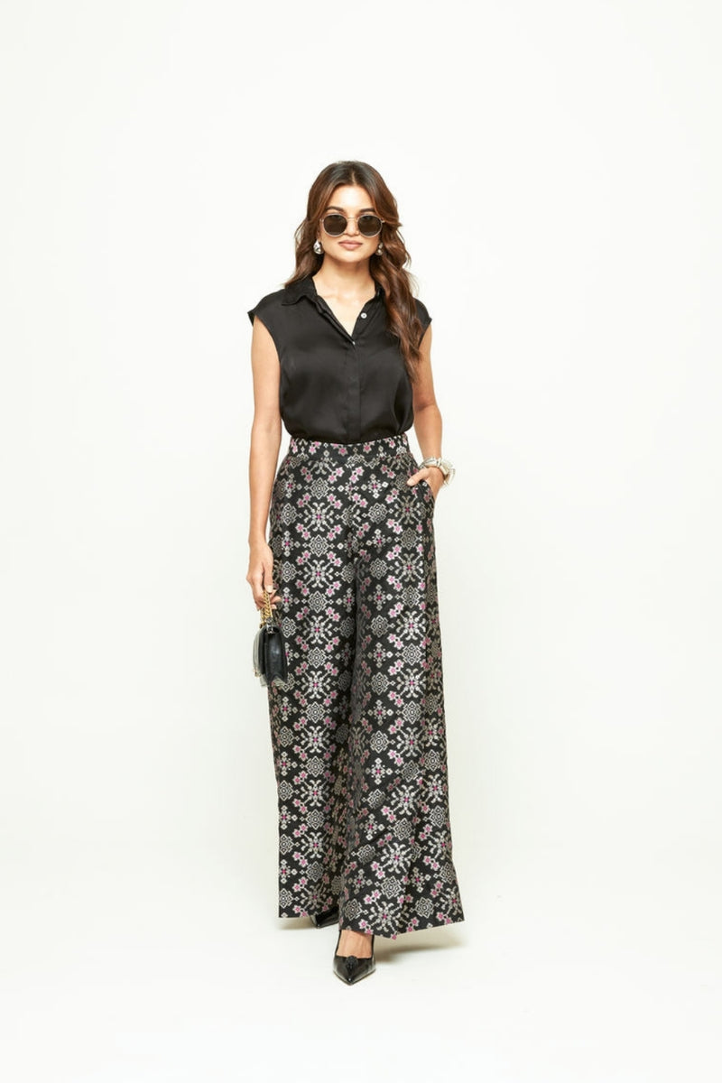 Meena Brocade Pant Set-Black silk and modal satin indo-western by SOBARIKO in black for women Worldwide