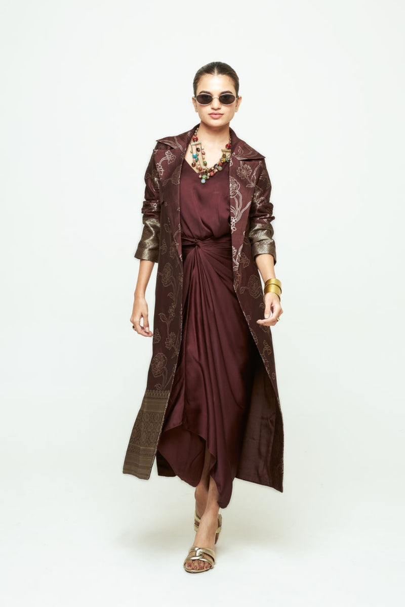 Rosa Statement Trench Set-Brown silk and modal satin indo-western by SOBARIKO in brown for women Worldwide