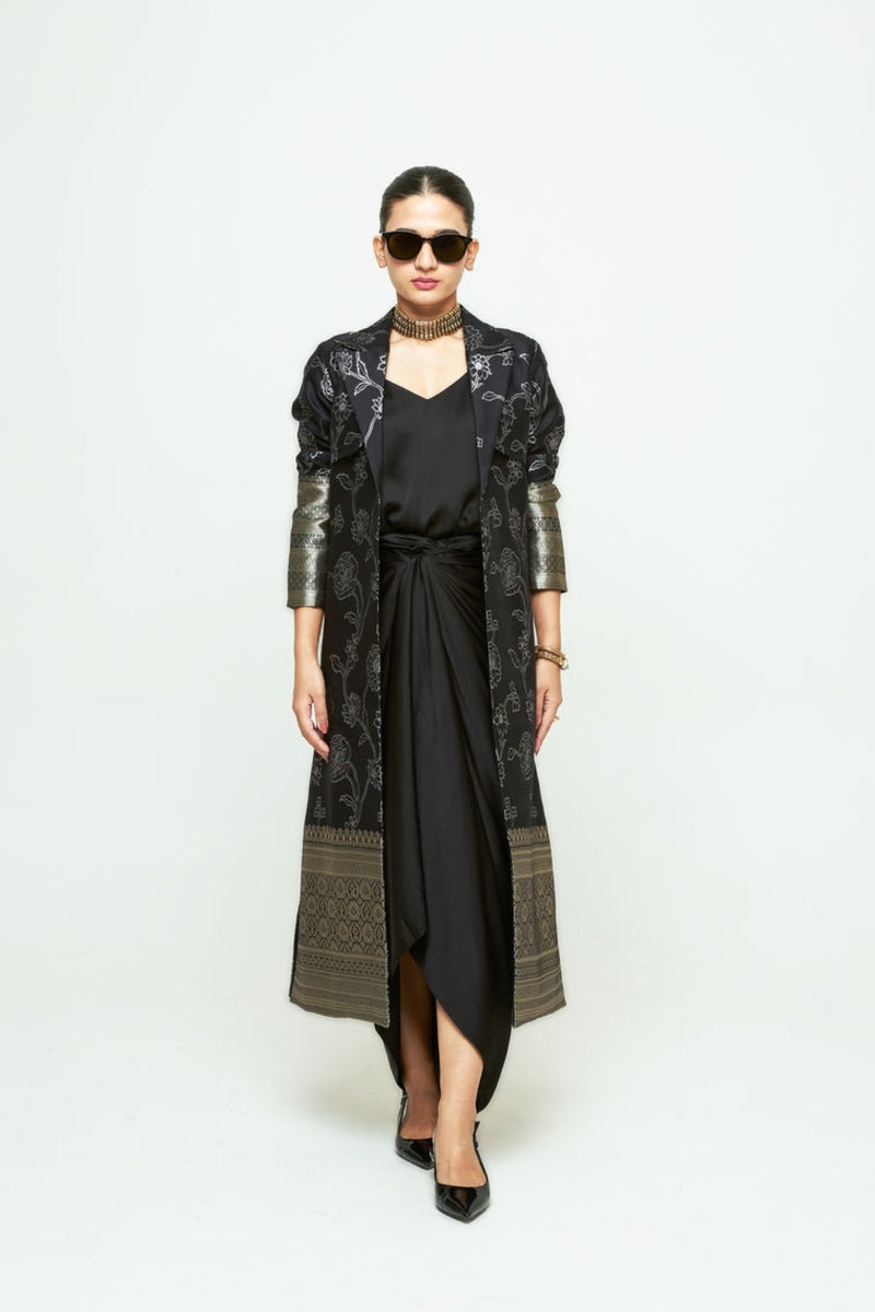 Rosa Statement Trench Set-Black silk and modal satin indo-western by SOBARIKO in black for women Worldwide