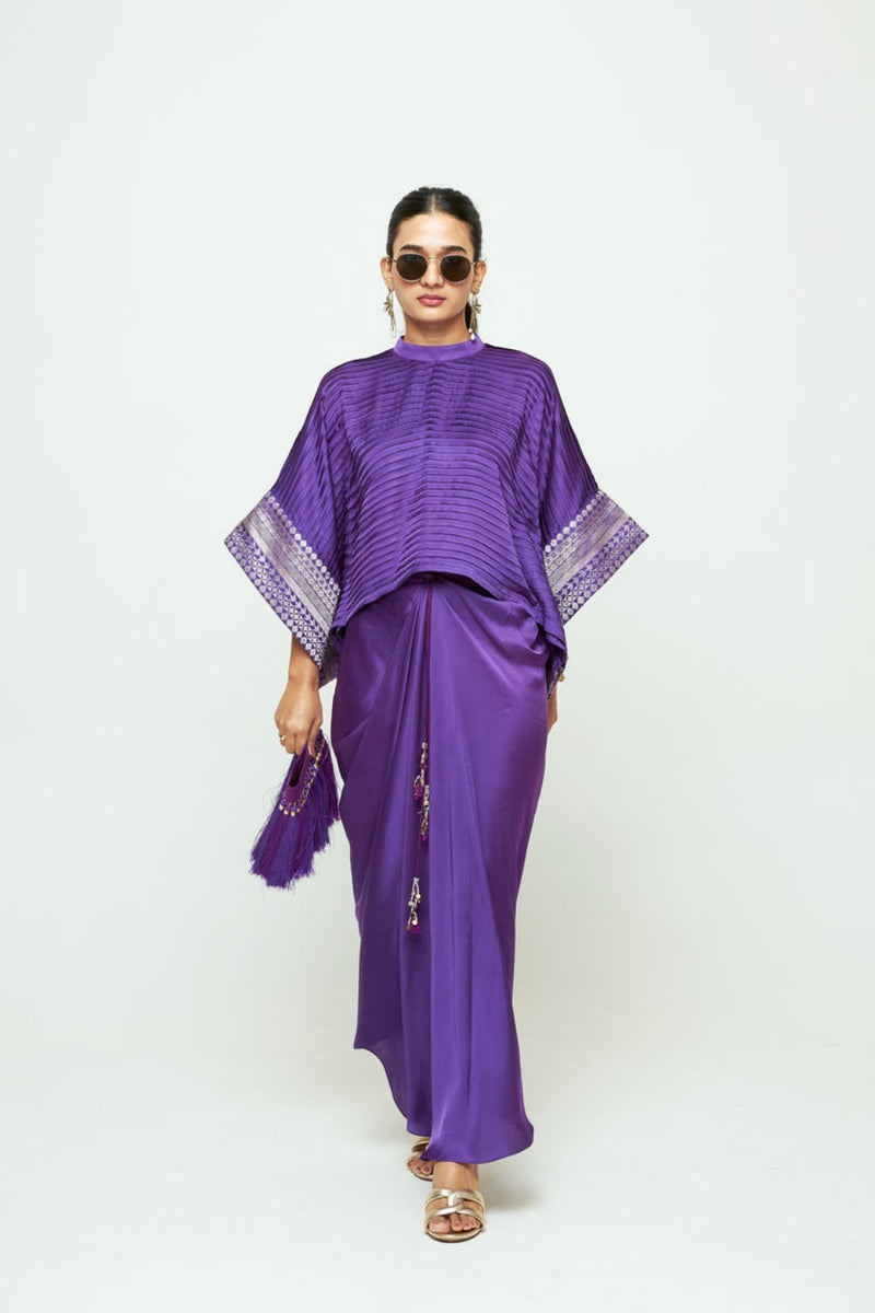 Prana-Pleated Top Set-Purple silk, modal satin indo-western by SOBARIKO in purple for women Worldwide