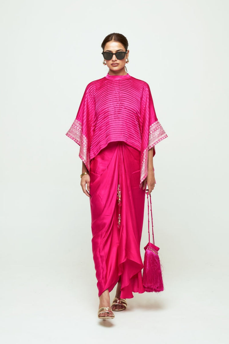 Prana-Pleated Top Set-Pink silk, modal satin indo-western by SOBARIKO in pink for women Worldwide