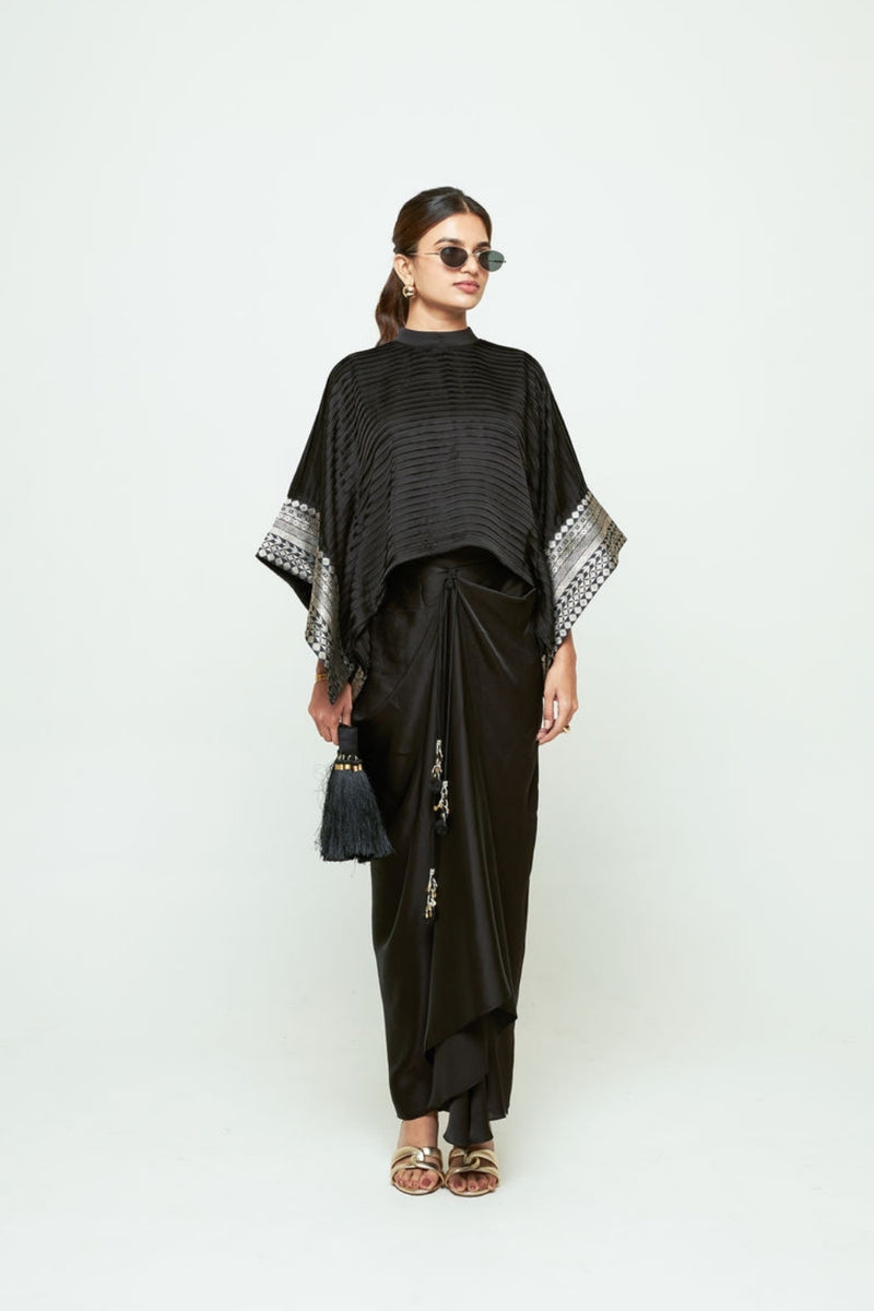 Prana-Pleated Top Set-Black silk, modal satin indo-western by SOBARIKO in black for women Worldwide