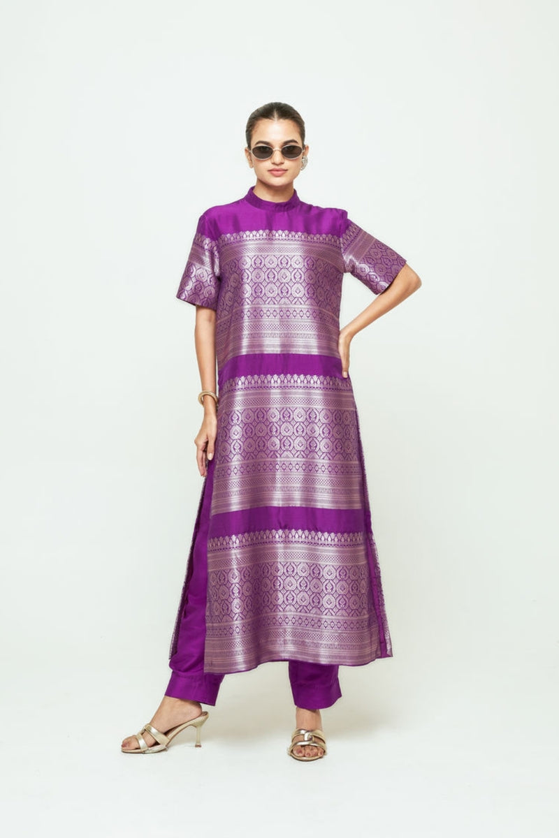 Raysa-Statement Brocade Kurta Set-Purple silk kurta/kurta set by SOBARIKO in purple for women Worldwide