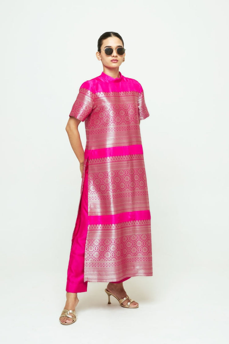 Raysa-Statement Brocade Kurta Set-Pink silk kurta/kurta set by SOBARIKO in pink for women Worldwide