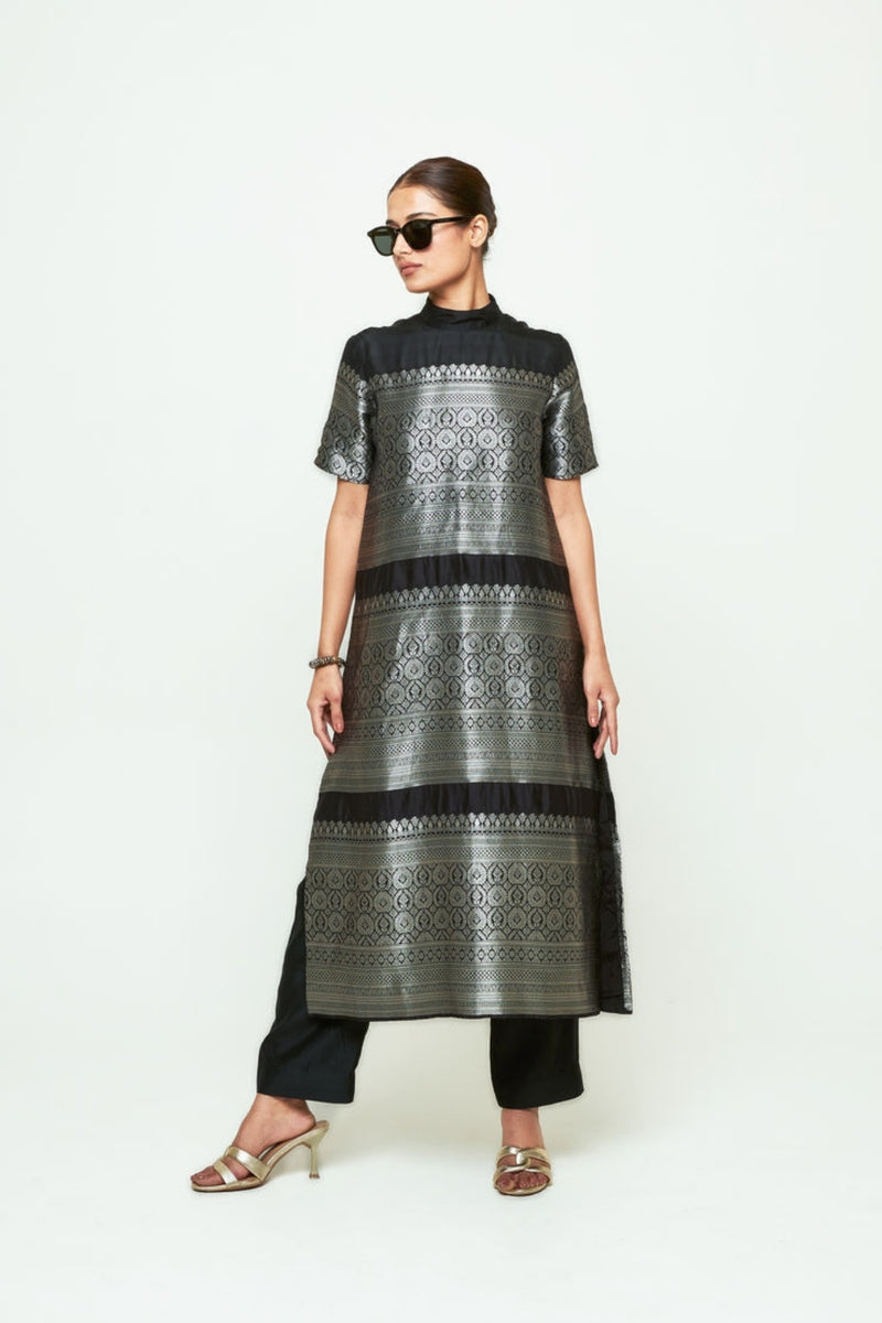 Raysa-Statement Brocade Kurta Set-Black silk kurta/kurta set by SOBARIKO in black for women Worldwide