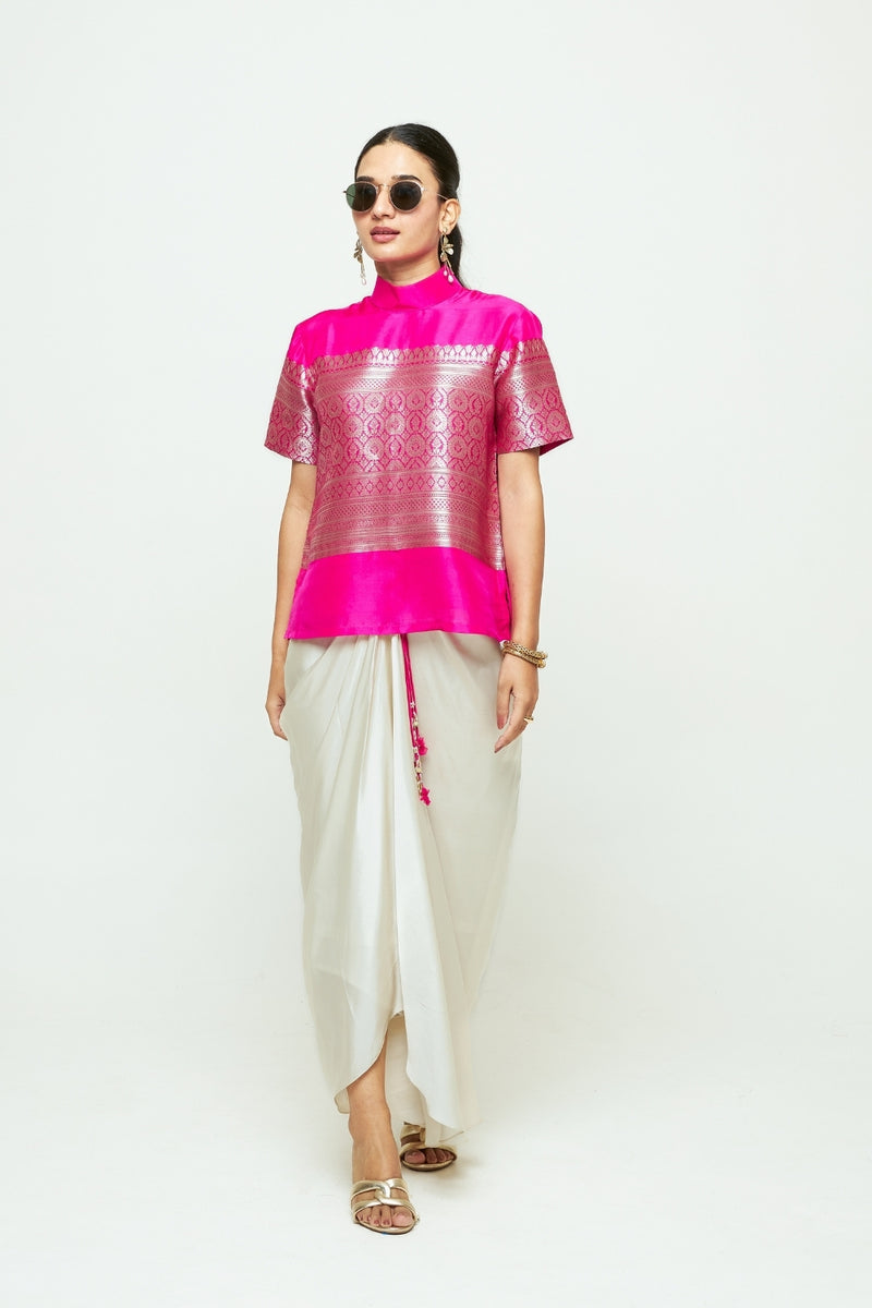 Raysa-Statement Brocade Top Skirt Set-Pink silk indo-western by SOBARIKO in pink, ivory for women Worldwide