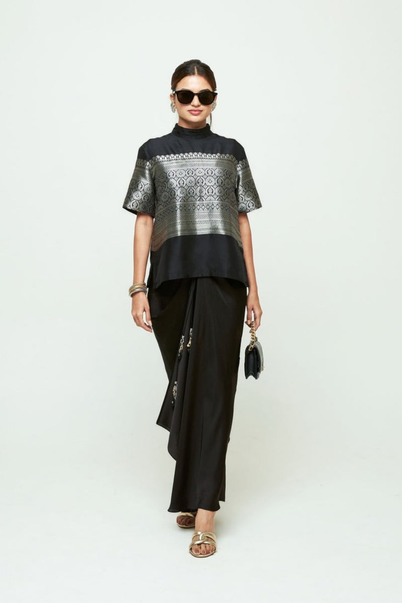 Raysa-Statement Brocade Top Skirt Set-Black silk indo-western by SOBARIKO in black for women Worldwide