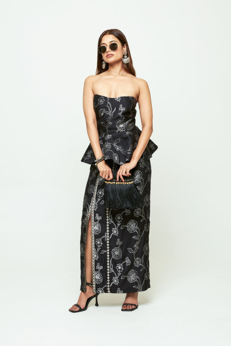 Rosa-Brocade Peplum Skirt Set-Black silk indo-western by SOBARIKO in black for women Worldwide