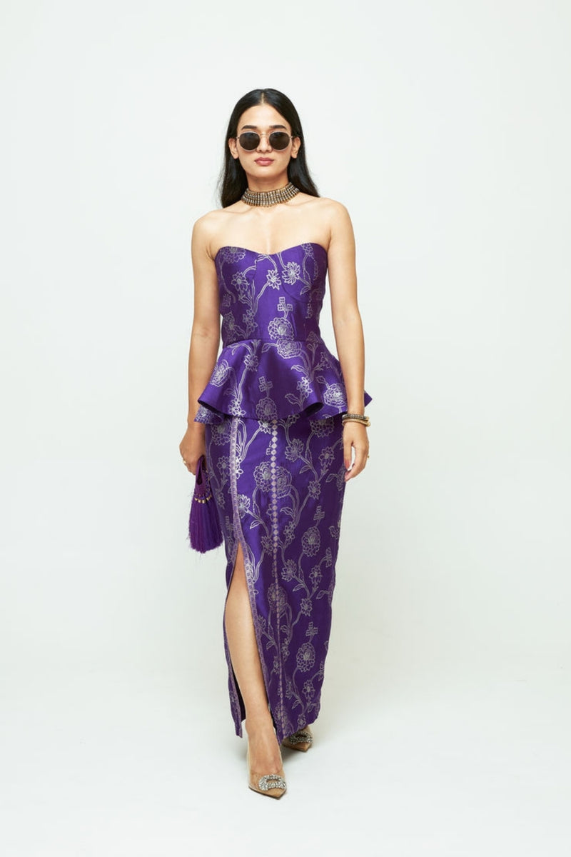 Rosa-Brocade Peplum Skirt Set-Purple silk indo-western by SOBARIKO in purple for women Worldwide