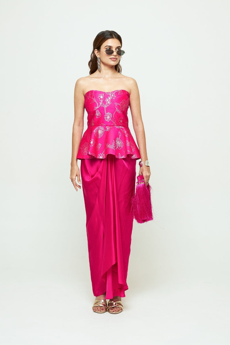 Rosa-Brocade Peplum Draped Skirt Set-Pink silk, modal satin indo-western by SOBARIKO in pink for women Worldwide