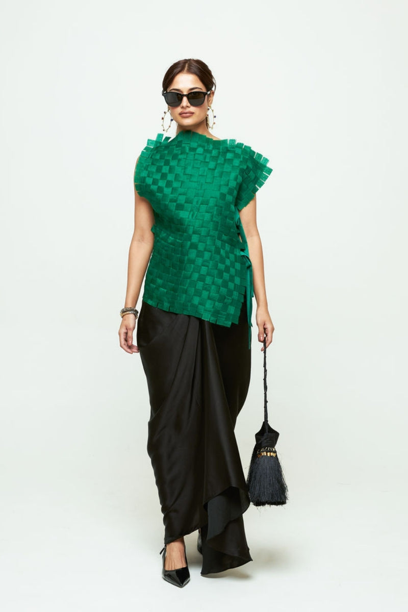 Isa Assymentrical Textured Top Skirt Set-Green organza, modal satin indo-western by SOBARIKO in green, black for women Worldwide