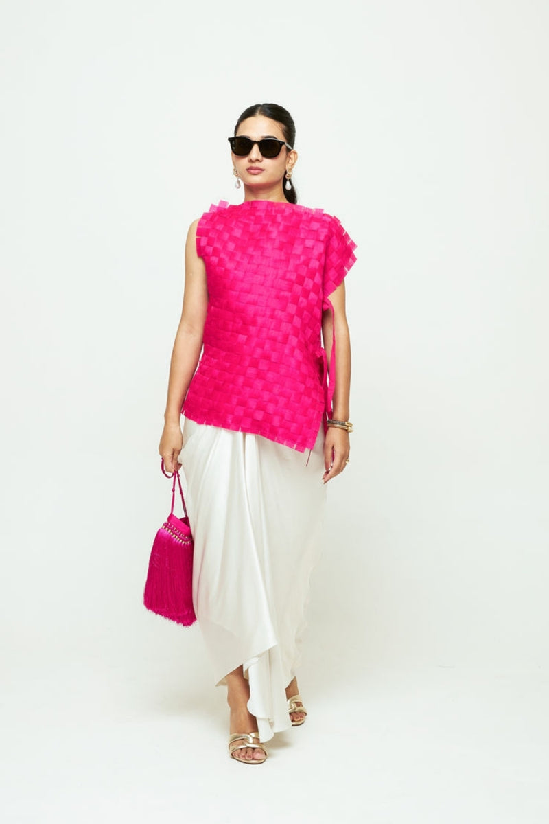 Isa Assymentrical Textured Top Skirt Set-Pink organza, modal satin indo-western by SOBARIKO in pink, ivory for women Worldwide