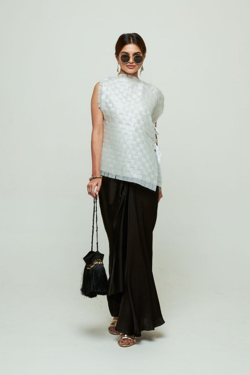 Isa Assymentrical Textured Top Skirt Set-Ivory organza, modal satin indo-western by SOBARIKO in ivory, black for women Worldwide