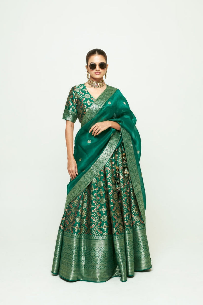 Meenaxi Lehenga Set-Green silk, organza lehenga sets by SOBARIKO for women Worldwide