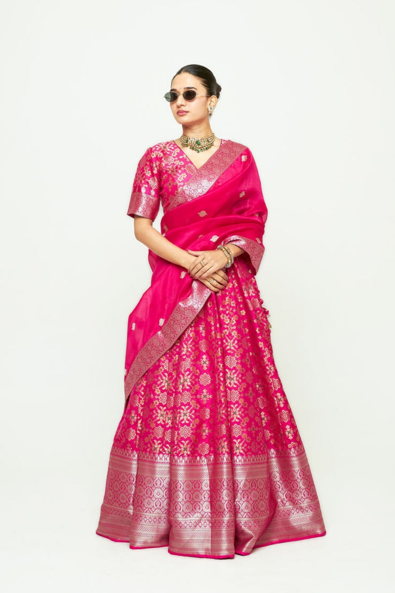 Meenaxi Lehenga Set-Pink silk, organza lehenga sets by SOBARIKO for women Worldwide