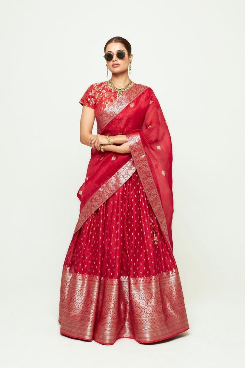 Mana Lehenga Set-Red silk, chanderi silk lehenga sets by SOBARIKO for women Worldwide