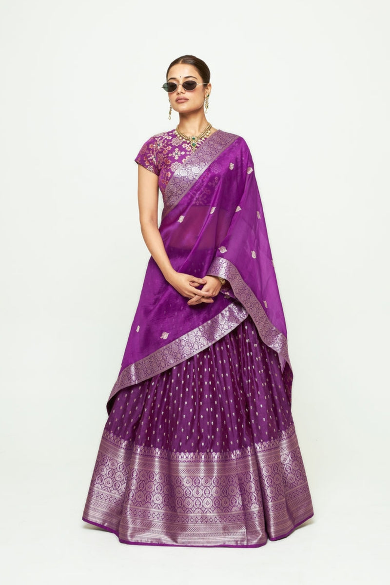 Mana Lehenga Set-Purple silk, chanderi silk lehenga sets by SOBARIKO for women Worldwide
