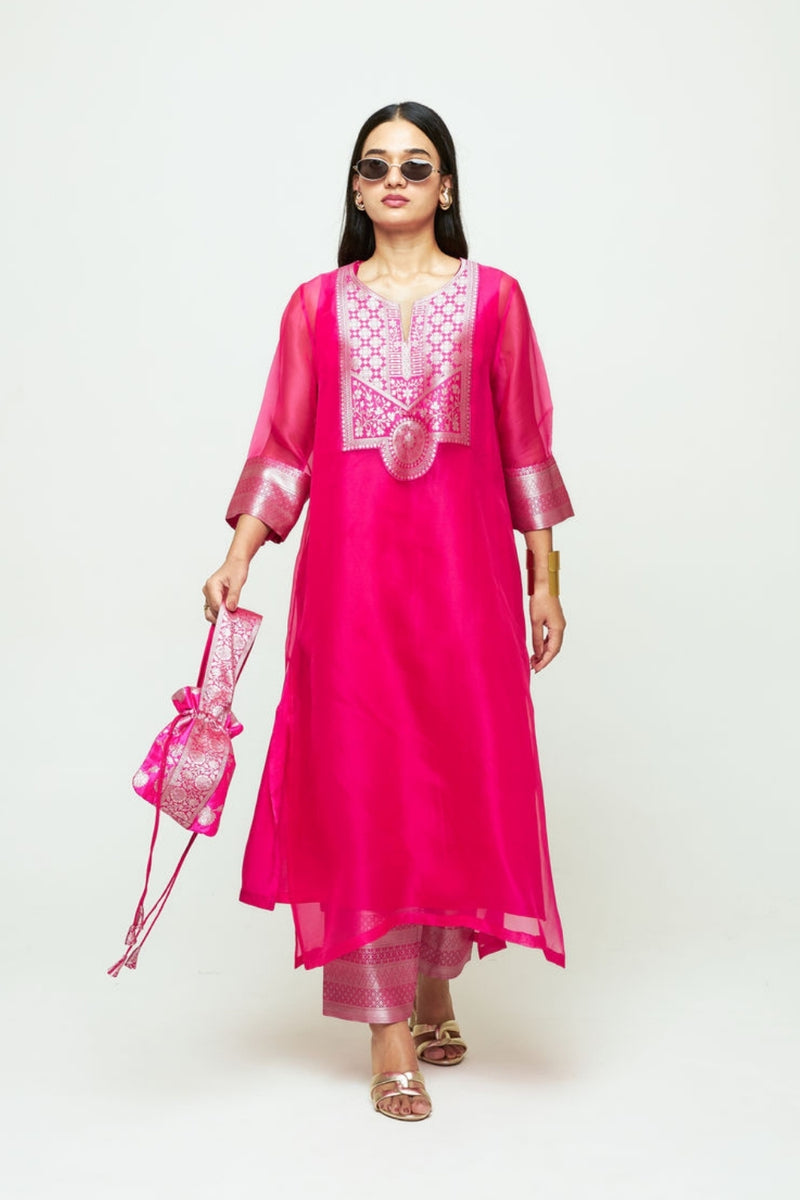 Mehar Pink Organza Tunic Set organza, silk kurta/kurta set by SOBARIKO for women Worldwide