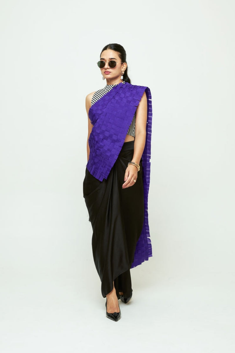 Isa Textured Saree Skirt Set-Ultramarine organza, modal satin saree by SOBARIKO in black for women Worldwide