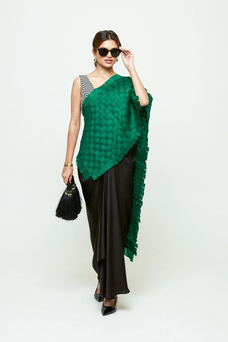 Isa Textured Saree Skirt Set-Green organza, modal satin saree by SOBARIKO in green, black for women Worldwide