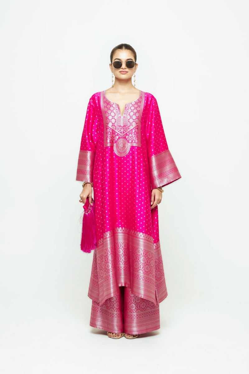 Noor-Contemporary Brocade Kurta With Pants-Pink silk kurta/kurta set by SOBARIKO in pink for women Worldwide