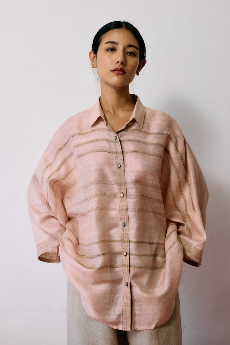Ines Handwoven Tussar Silk Shirt-Ecru Pink tussar katiya silk top/shirt by Manan in natural for women Worldwide