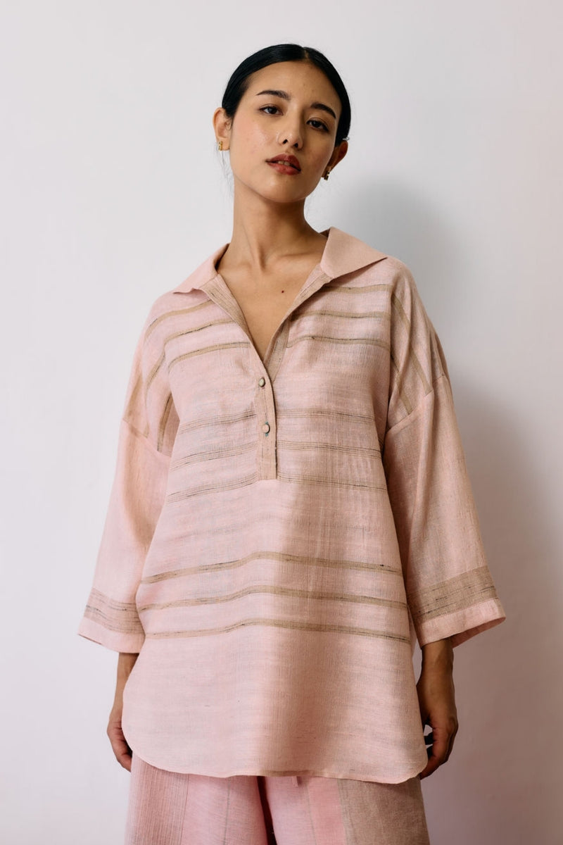 Dayana Handwoven Tussar Silk Top-Ecru Pink tussar katiya silk top/shirt by Manan in natural for women Worldwide