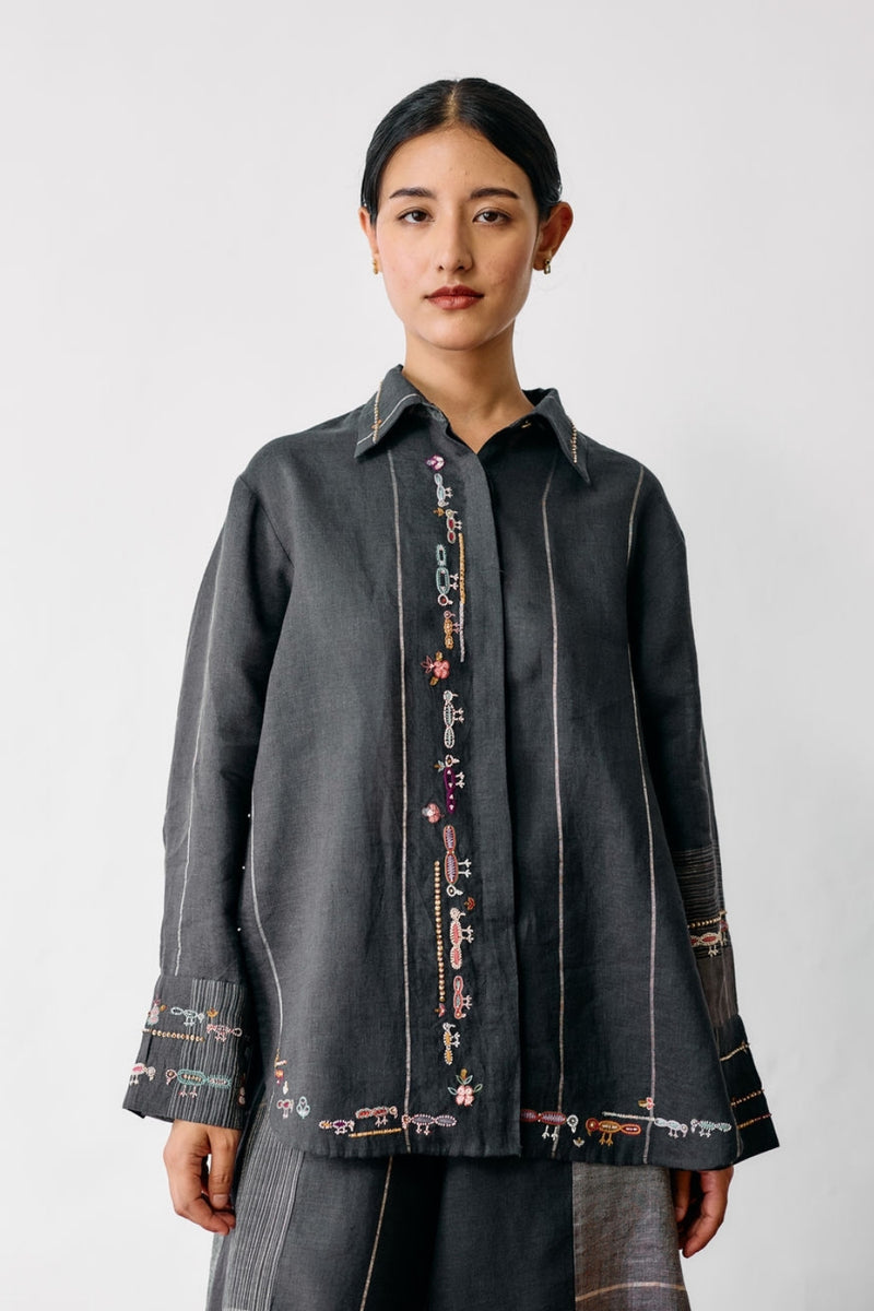 Hanat Hand-Embroidered Bird Shirt-Charcoal linen top/shirt by Manan in black for women Worldwide