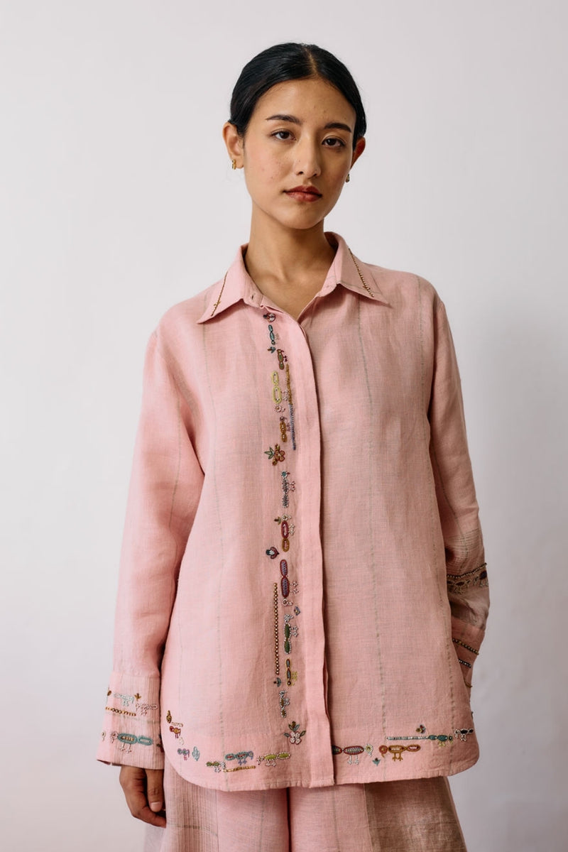 Hanat Hand-Embroidered Bird Shirt-Pink linen top/shirt by Manan in pink for women Worldwide