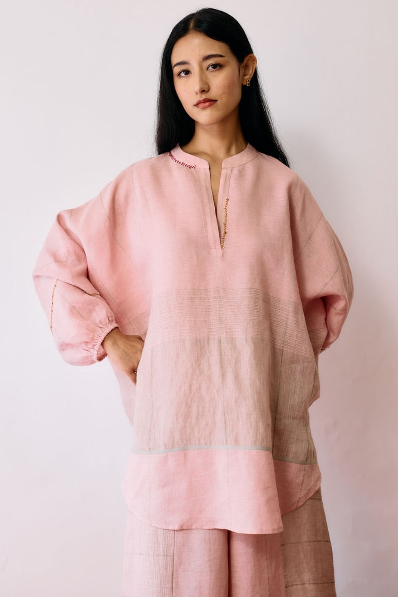 Raza Metallic Linen Top-Pink linen top/shirt by Manan in pink for women Worldwide