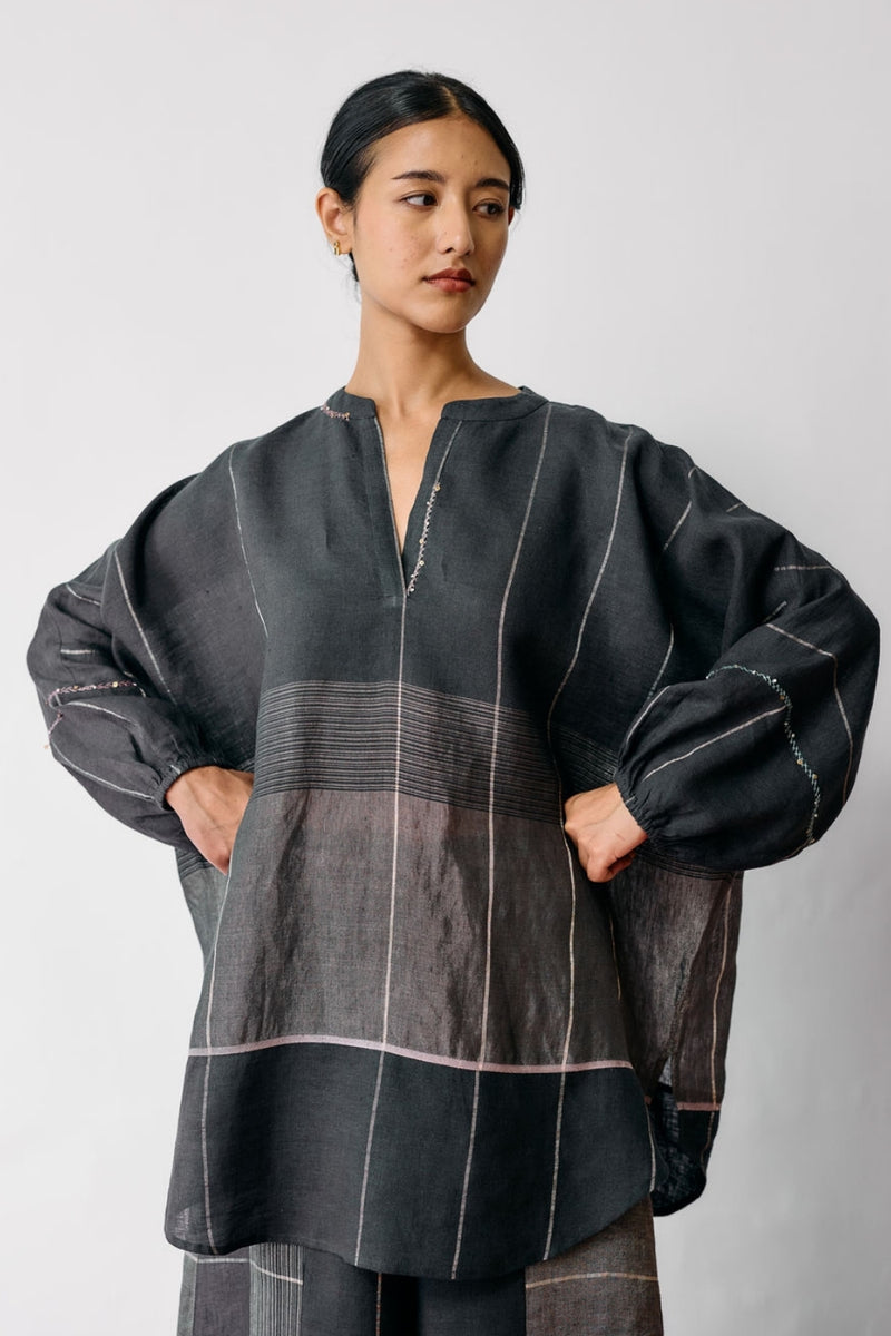 Raza Metallic Linen Top-Charcoal linen top/shirt by Manan in black for women Worldwide
