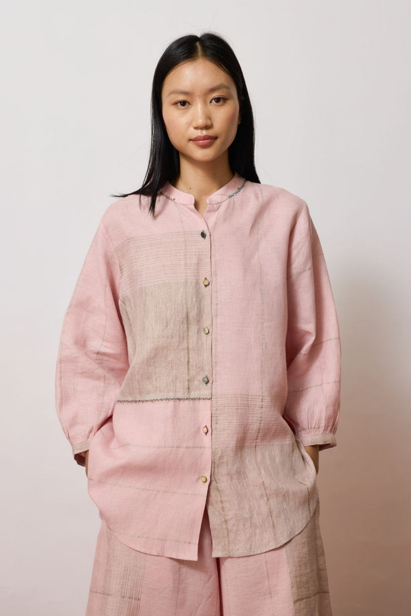 Rin Metallic Linen Shirt-Pink linen top/shirt by Manan in pink for women Worldwide