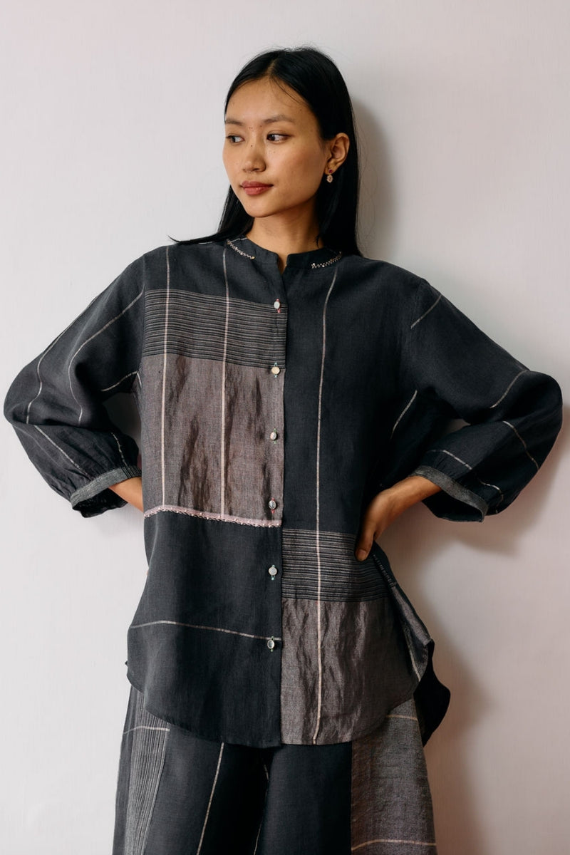 Rin Metallic Linen Shirt-Charcoal linen top/shirt by Manan in black for women Worldwide
